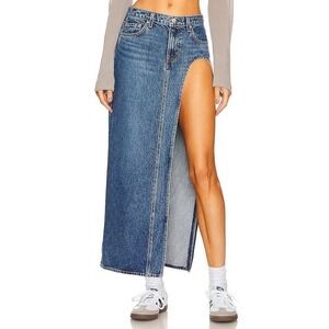 GRLFRND Blanca Maxi Denim Skirt High Split Crissy Blue, Size 24 Edgy Minimalist